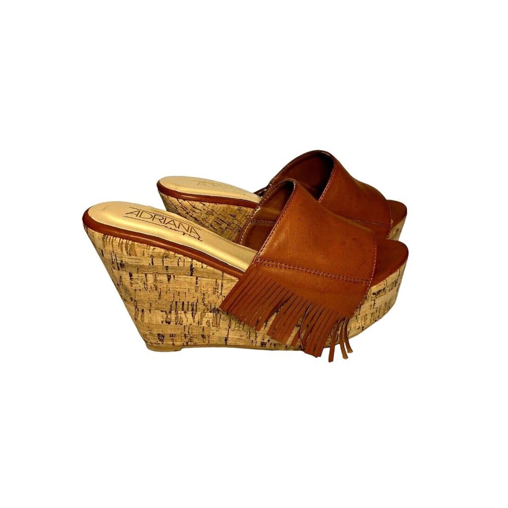Adriana New York Size 8.5 Brown Lazaro Wedge Sandals with Fringe Accents